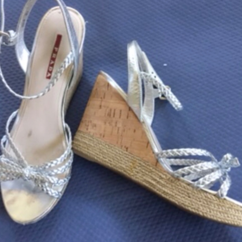 COPY - $495 Prada metallic silver wedge sandals size 9